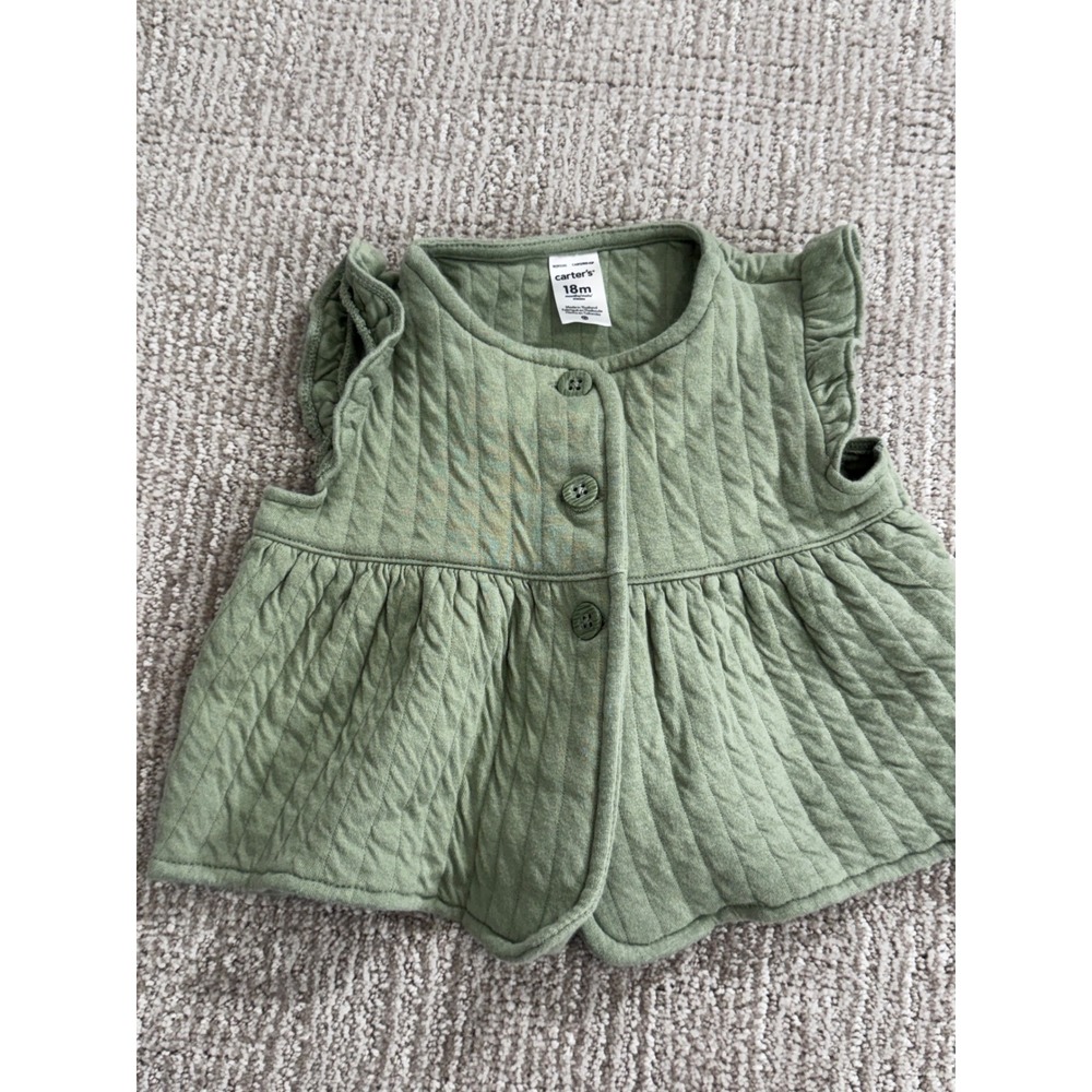 Carters Baby Girl Quilted Peplum Vest Sage Green Ruffle Shoulder 18M